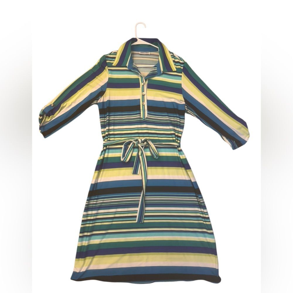 Shelby & Palmer Green/Blue/Lime/White Stripped Midi Dress w/ belt-size 14